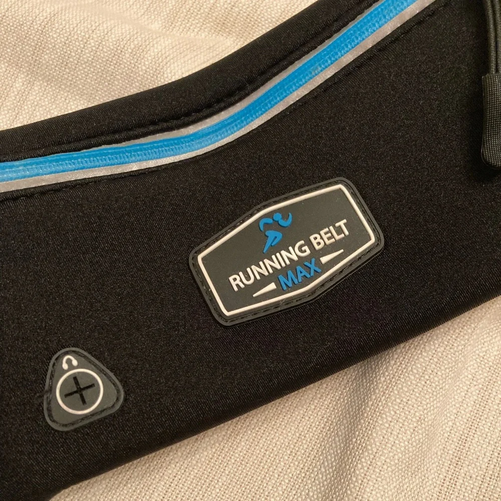 Black Running Belt Max with Blue Accents, adjustable, 3 pockets, keychain